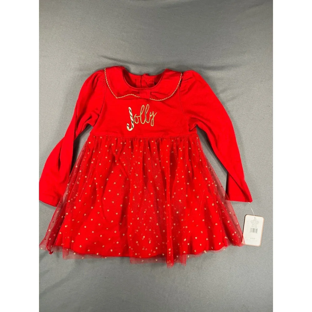 NWT 18 mos Magical Kids Baby Girl Red Jolly Christmas Tulle Dress Gold Polka Dot
